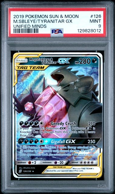 2019 Pokemon Sun & Moon Mega Sableye & Tyranitar GX Tag Team Unified Minds #126 PSA 9